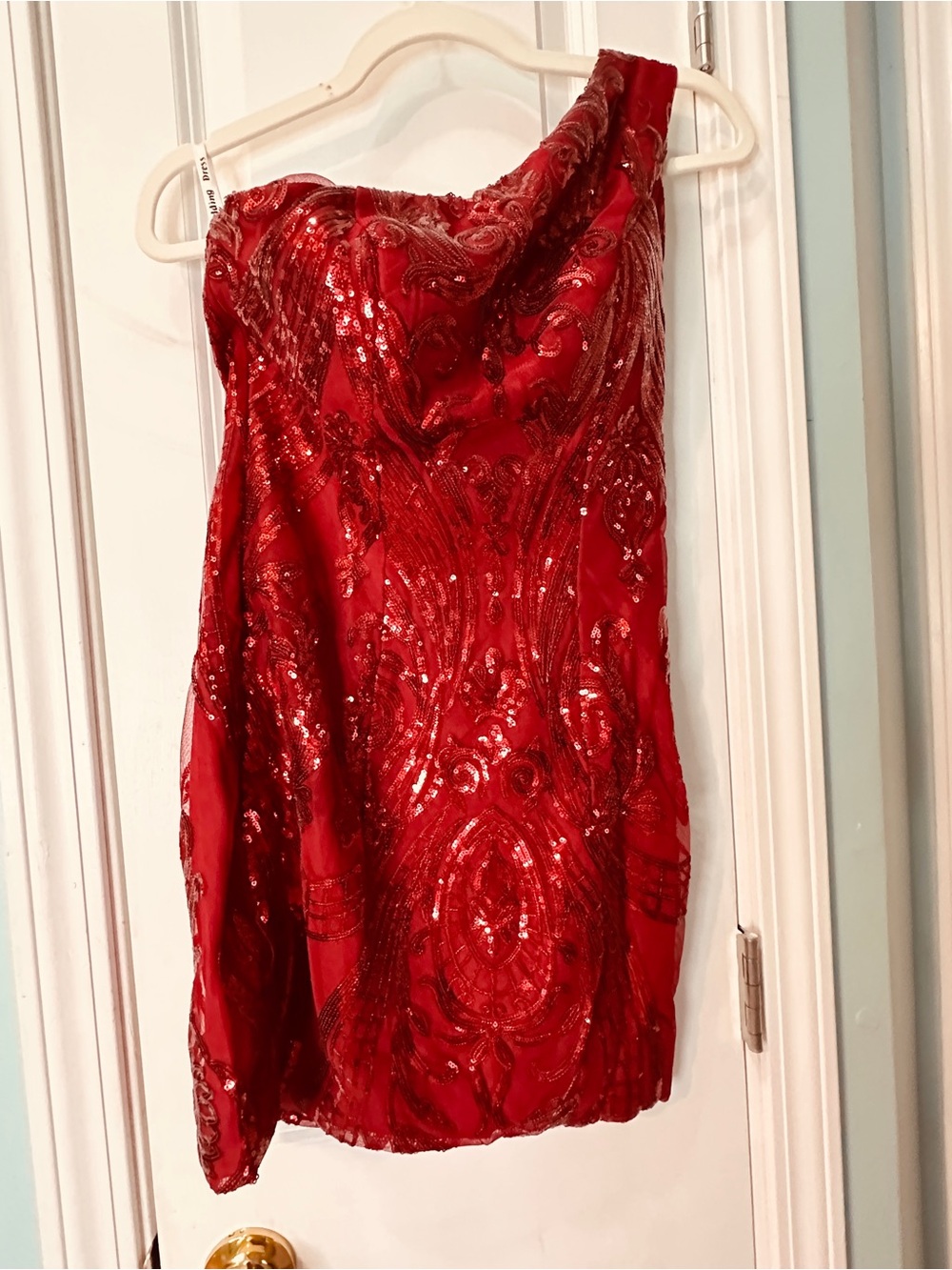 Red Sequin One-Shoulder Cocktail Dress